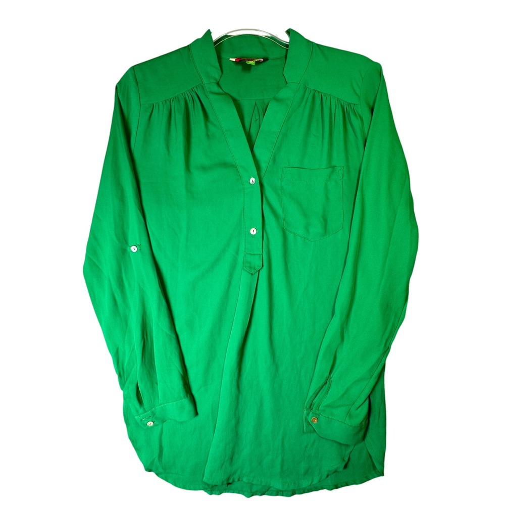 Anthropologie Fervour Green V-Neck Blouse Roll-Tab Sleeve Office Casual XS Green